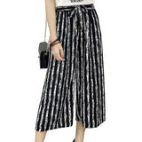 2019 Summer New Striped Style Black Loose High Waist Crop Casual Pants Women One Size Chiffon Wide-leg Pants Plus Size