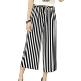 2019 Summer New Striped Style Black Loose High Waist Crop Casual Pants Women One Size Chiffon Wide-leg Pants Plus Size